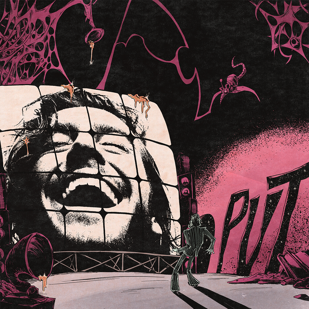 PVT — pink and black illustrated stage scene with a giant face