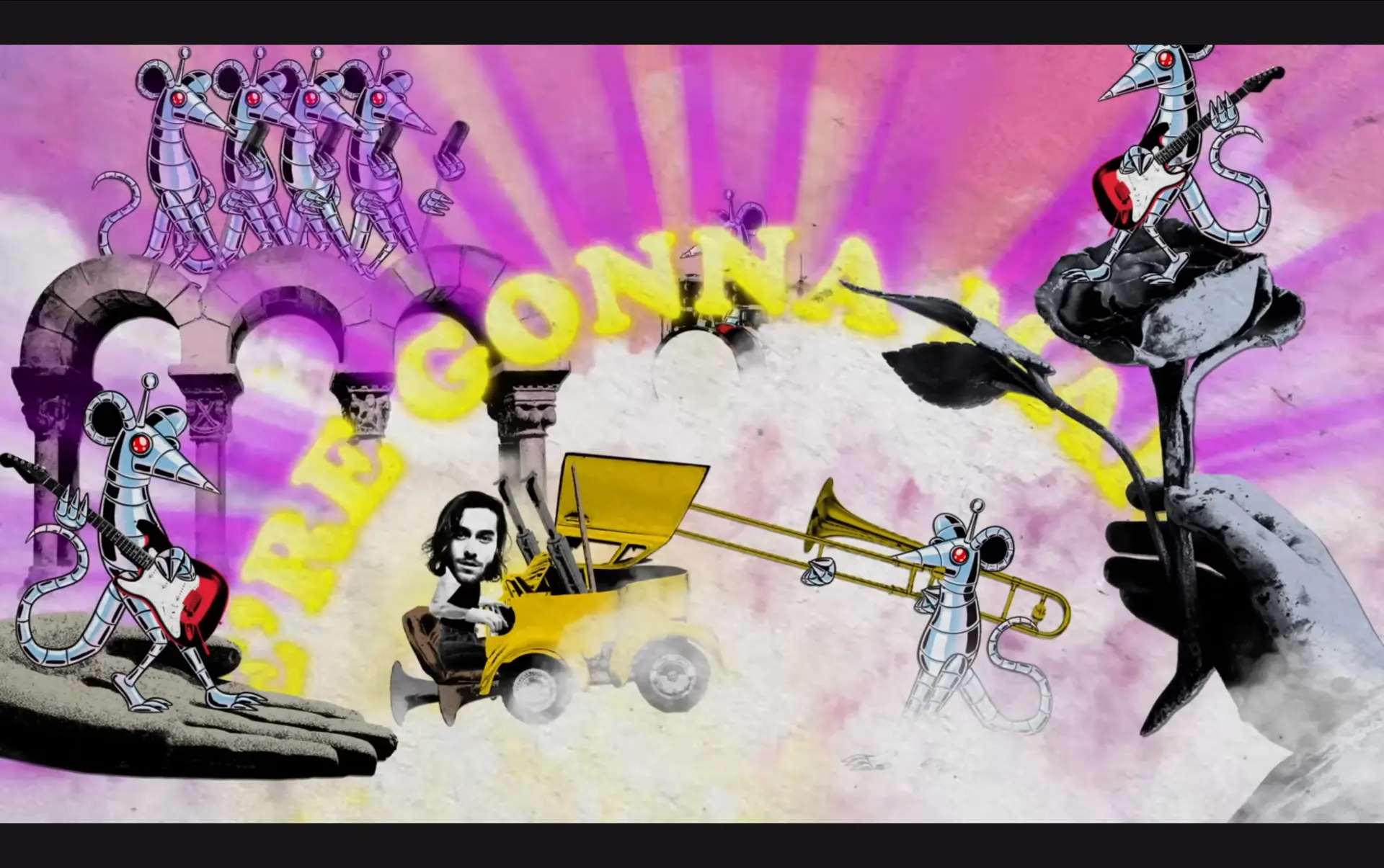 Better Days music video collage of robot mice playing music