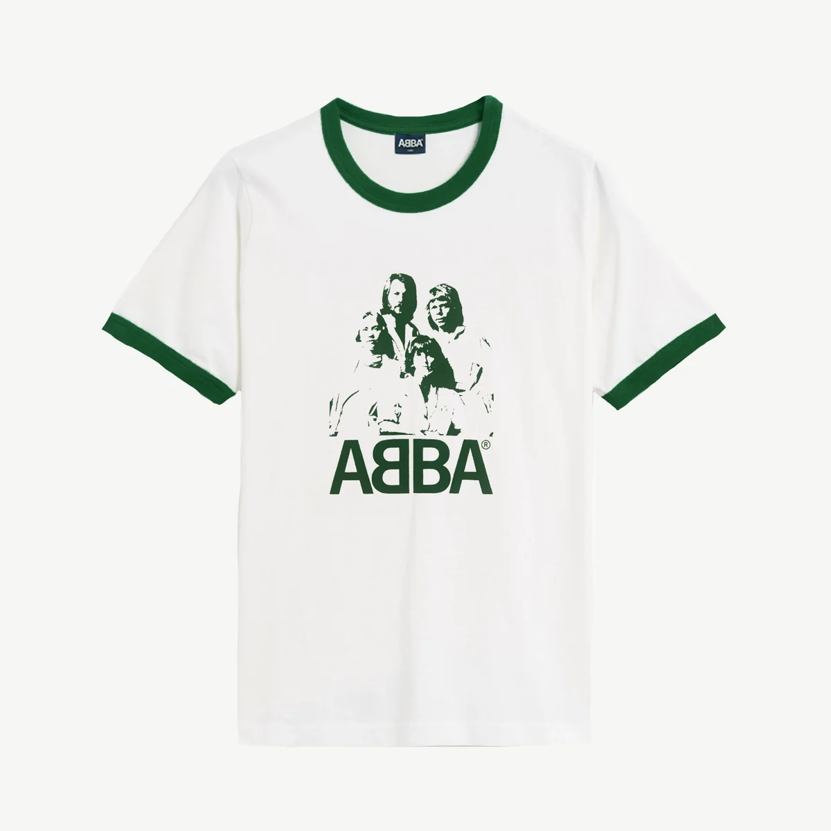 ABBA white ringer tee with green trim and group portrait