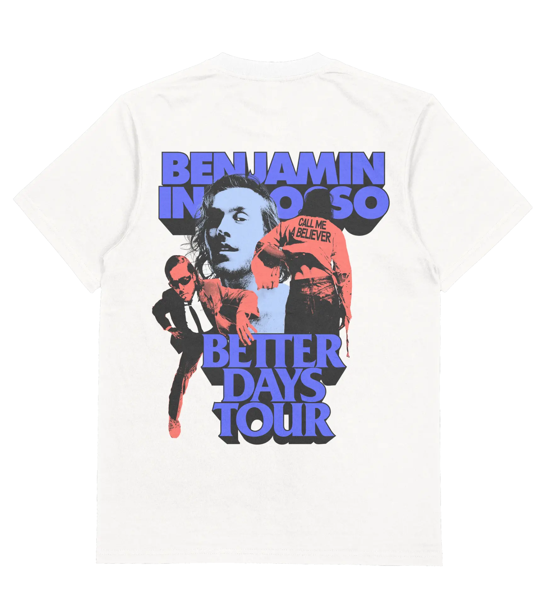 Better Days Tour white t-shirt with blue collage artwork
