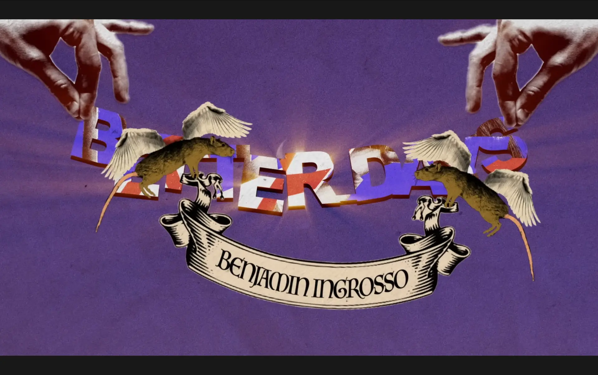 Better Days music video collage with winged mice and Benjamin Ingrosso banner
