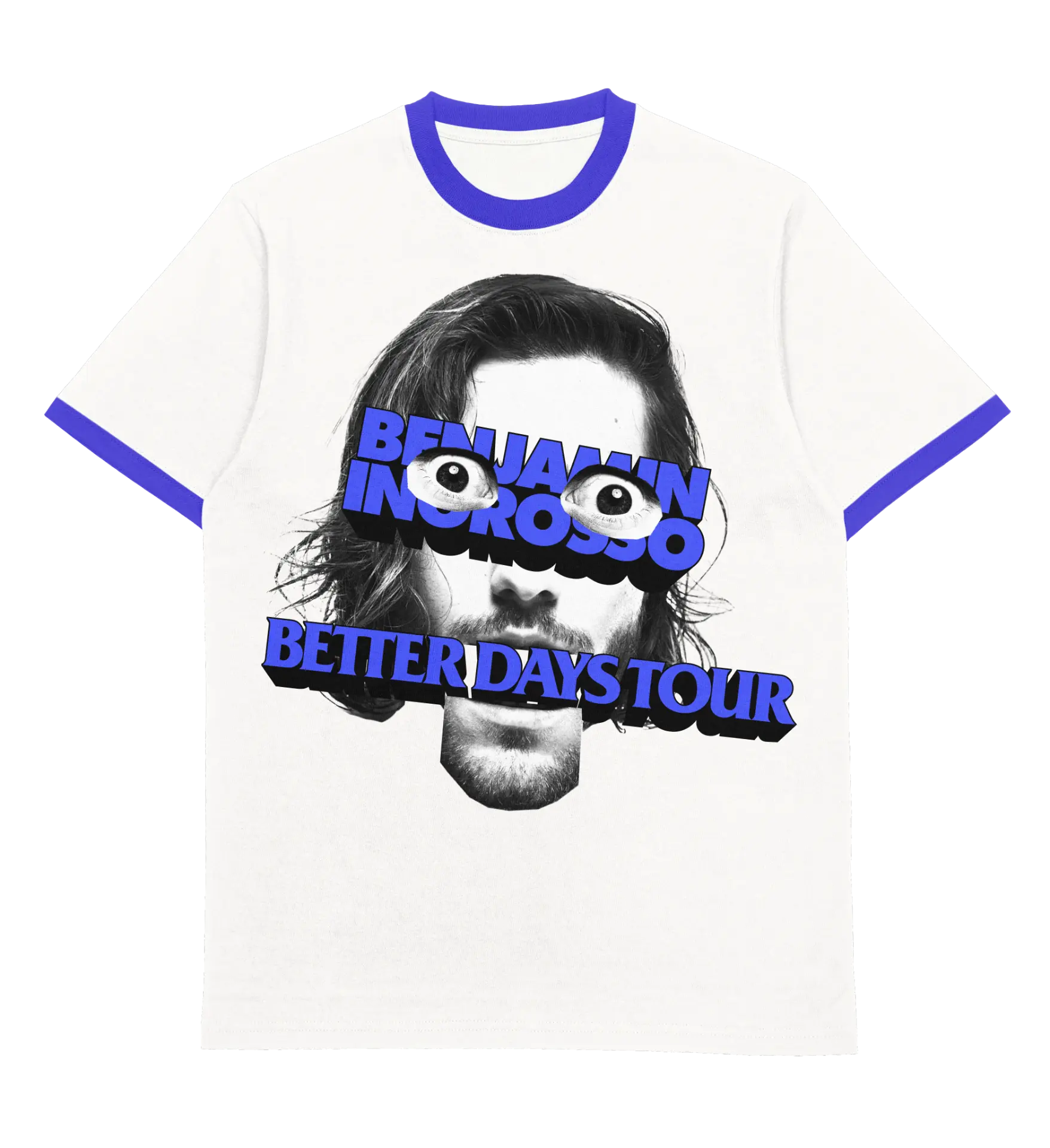Better Days Tour white ringer t-shirt with blue trim and eyes graphic