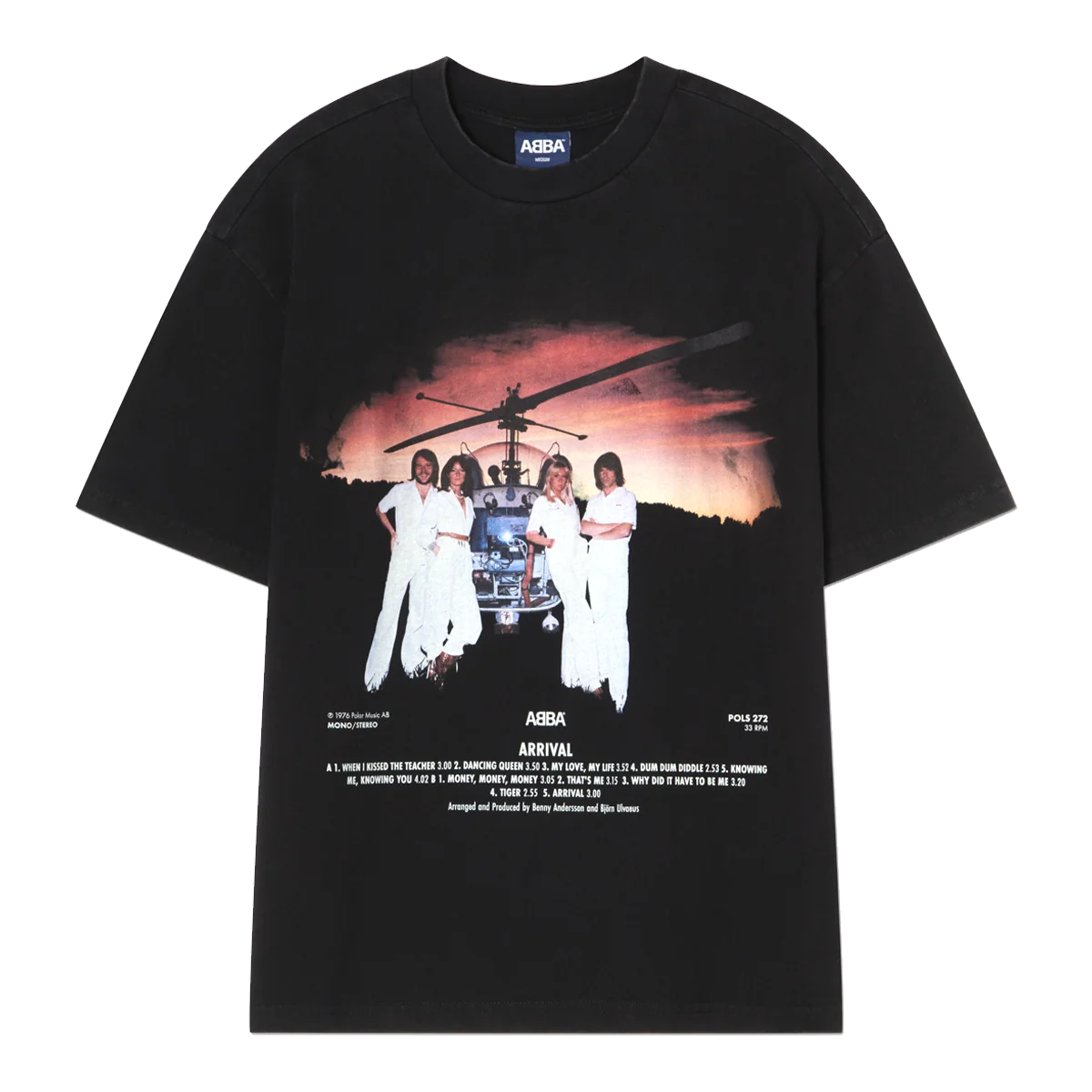 ABBA Arrival black t-shirt with helicopter album artwork