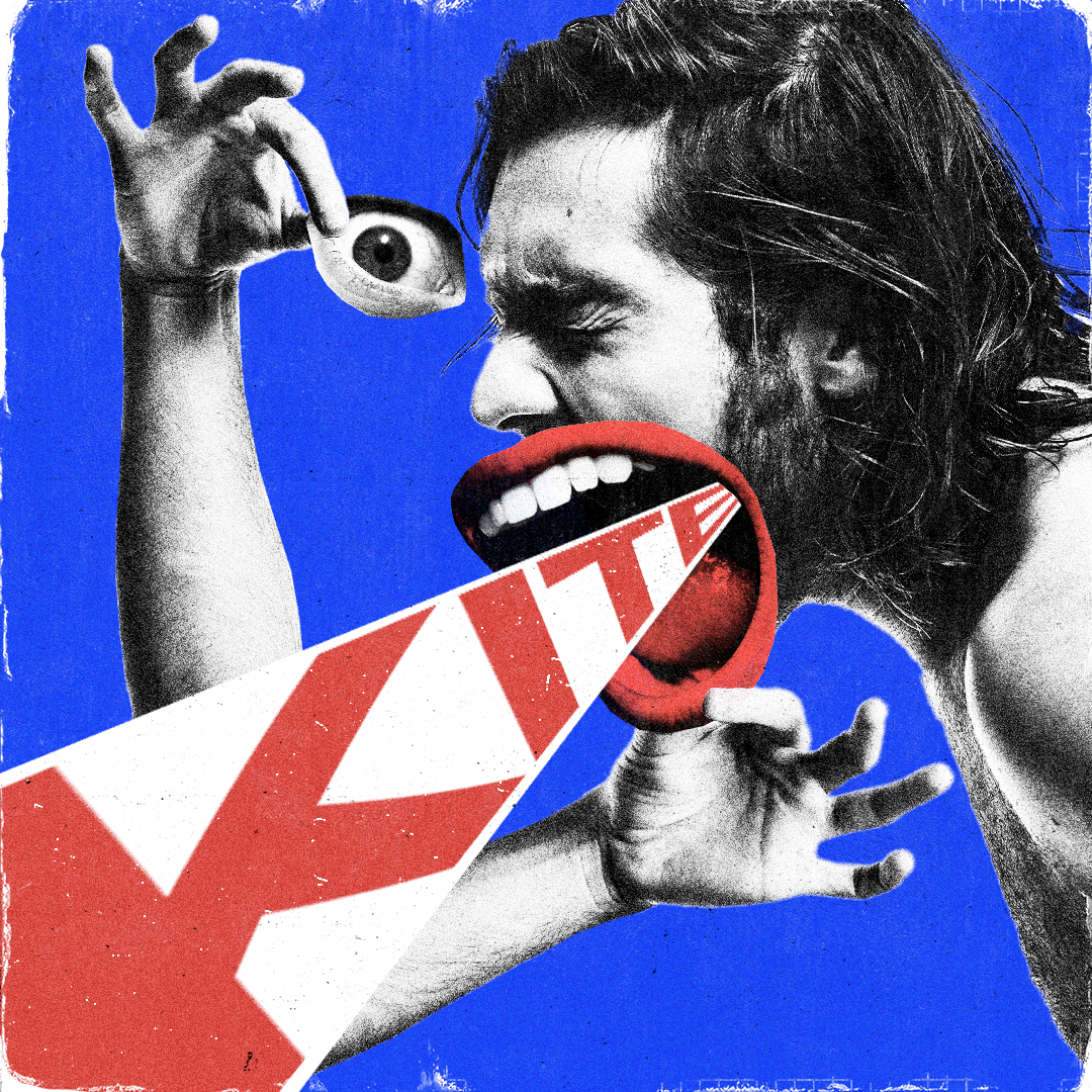 Kite — collage of an eye and a wide red mouth against a blue field