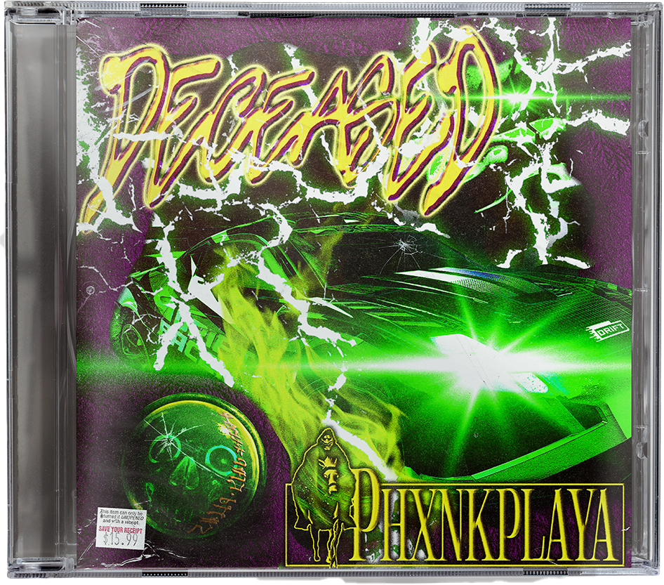 Phxnkplaya — cracked CD case with neon graffiti lettering
