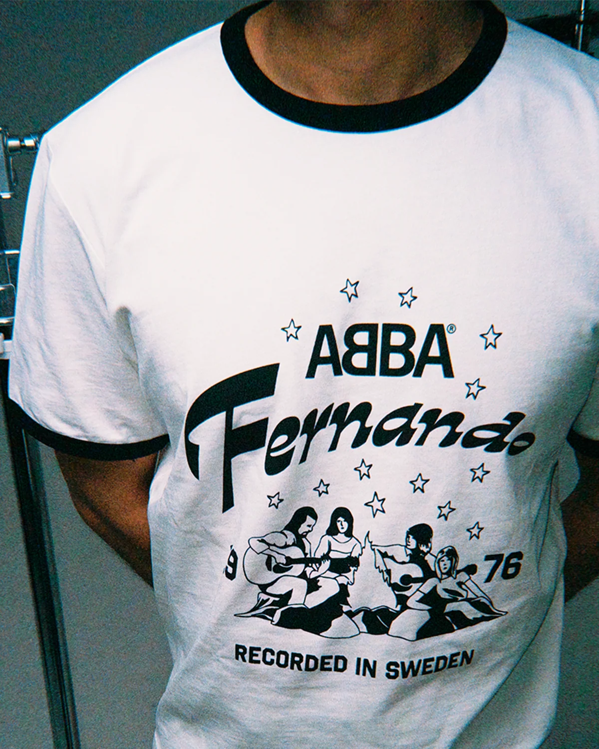 ABBA Fernando ringer tee worn close-up